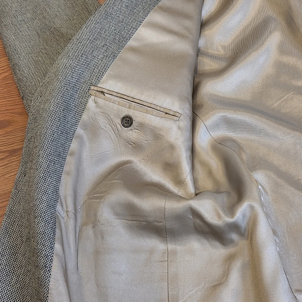 VTG Tweed Jacket L Black Beige Herringbone 100% Lambs Wool Blazer Sport Coat 44R - Picture 13 of 16